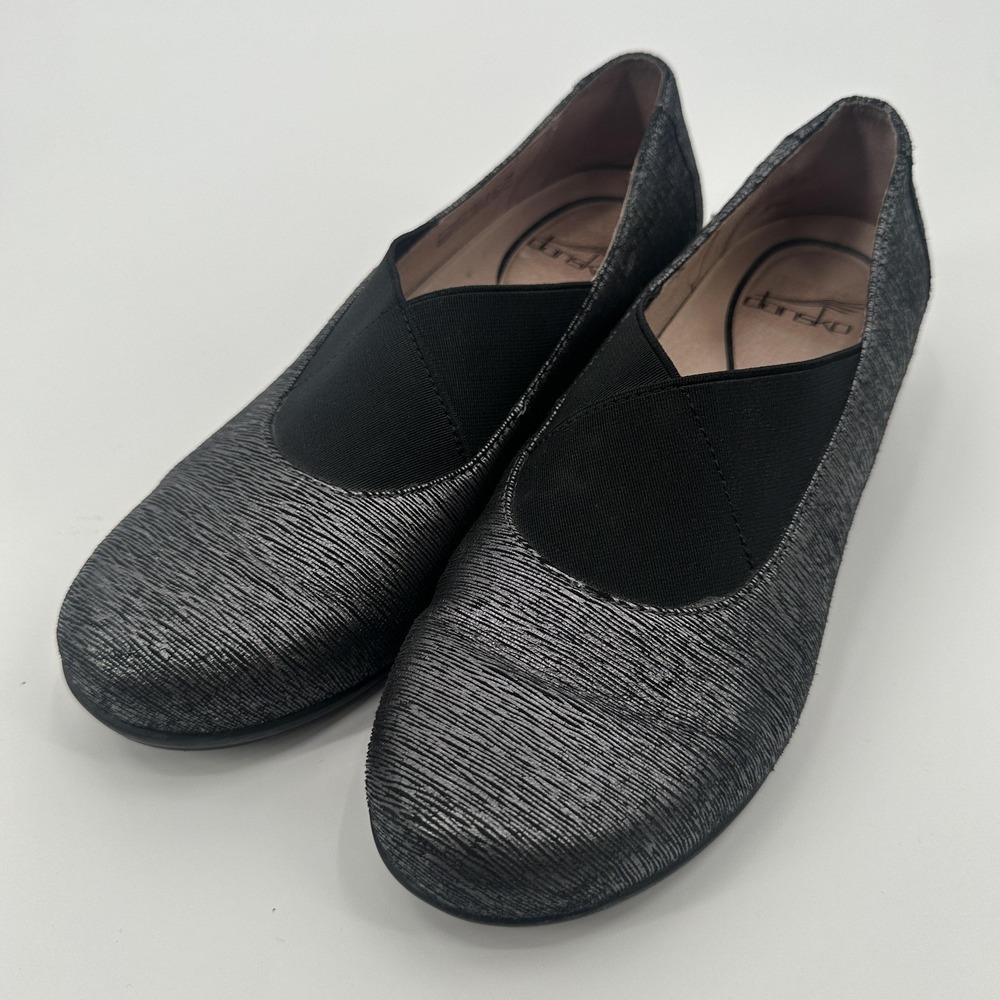 Dansko Shoes Womens Size 7.5-8 Black Metallic Slip On Flats Leather‎ 6702970297